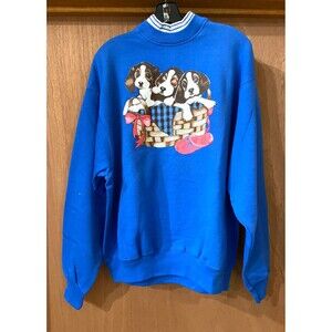 Vtg Blue Puppies Sweatshirt Fleece Lined Women XL Beagles Dogs Basket USA MADE